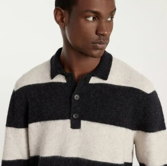 Everlane Black Cream Stripe Stretch Wool Rugby Polo Sweater XL Machine Washable - Picture 4 of 10